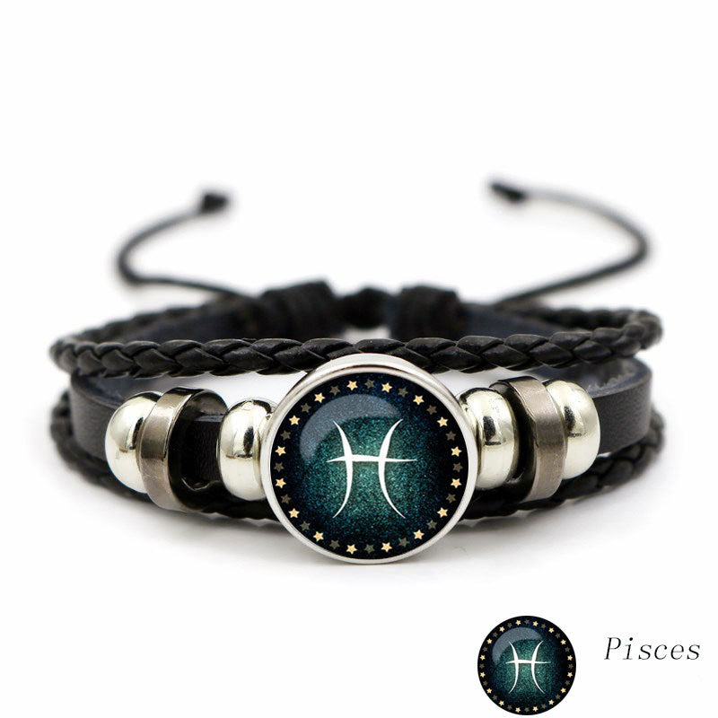 Pulseira de Couro e Pedra Preciosa Artificial -  Luminous Twelve Constellation