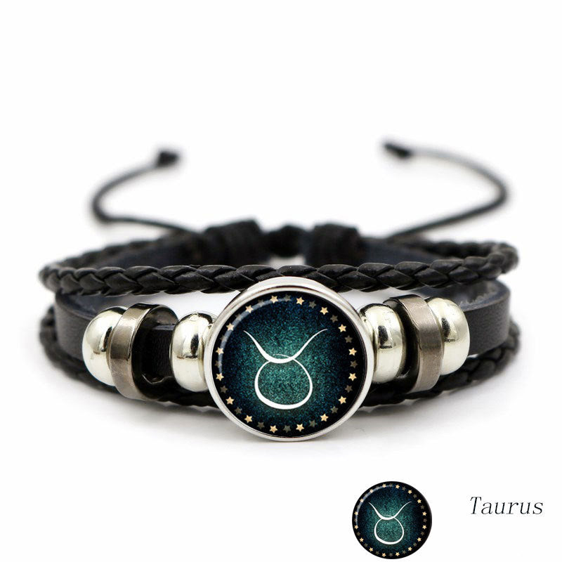 Pulseira de Couro e Pedra Preciosa Artificial -  Luminous Twelve Constellation